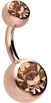 PIERCINGLINE Bauchnabelpiercing aus Chirurgenstahl mit 2 Kristallen - Bananabell Piercing in Roségoldfarben/Kristallfarbe: Pfirsich - Größe: 10 mm
