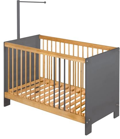 BioKinder Babybett Gitterbett Beistellbett Kinderbett Niklas TÜV/GS geprüft mit Betthimmelstange aus zertifiziertem Massivholz Erle und Kiefer Grau lasiert 60x120 cm t