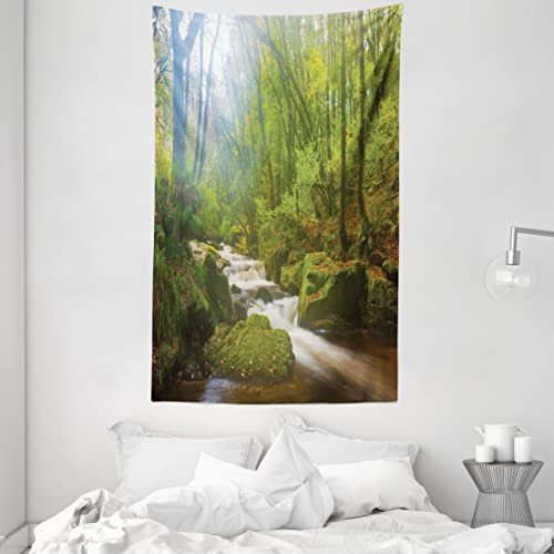 ABAKUHAUS Grün Wandteppich und Tagesdecke, Wald in Golitha Falls aus Weiches Mikrofaser Stoff Waschbar ohne Verblassen Digitaldruck, 140 x 230 cm, Grün Braun