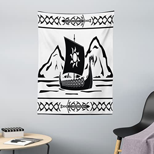 ABAKUHAUS Wikinger Wandteppich und Tagesdecke, Kunstvolle Rahmen mit Drakkar, aus Weiches Mikrofaser Stoff Wand Dekoration Für Schlafzimmer, 110 x 150 cm, Weiß und Schwarz