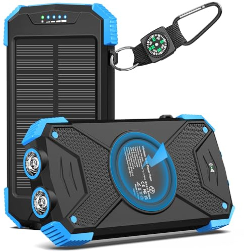 BLAVOR Solar Power Bank 10,000mAh, Portable Wireless Charger, 20W Fast Charging External Battery Pack with USB C for Cell Phones, Solar Panel Charging with Dual Flashlight for Camping