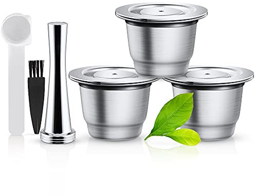 Lot de 3 capsules de café réutilisables en acier inoxydable compatibles avec Nes Presso + 1 tamper + 1 cuillère + 1 brosse + 3 joints toriques de rechange en silicone pour capsules