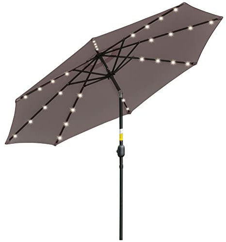 Outsunny Sombrilla Terraza Exterior Ø265 cm Sombrilla de Jardín con 32 Luces LED Solares Poste de Acero y Manivela Parasol Inclinable para Patio Terraza Gris