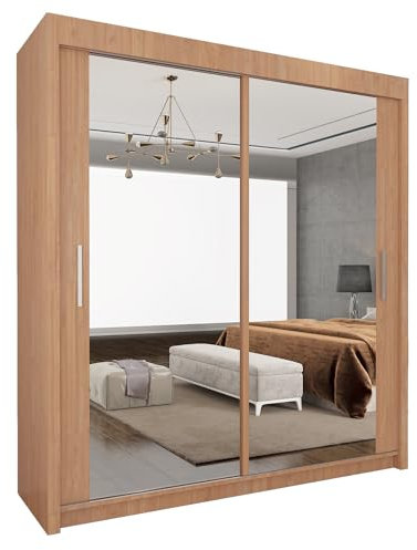UK SLIDING WARDROBE Modern Full Size Double Mirrors 2&3 Sliding Doors Wardrobe With Adjustable Shelves, Hanging Rails,Bedroom Furniture (Oak, 203cm)