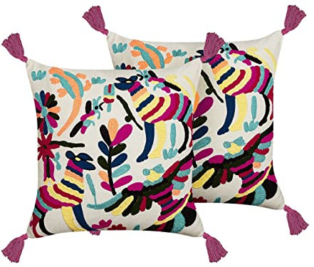 Dekokissen 2er Set mit Stickerei Fransen Tiermotiv bunt 50 x 50 cm Boho Raiganj