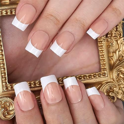 Short French False Nails Square 24PCS French Tip False Nails, Gloss Nude White Fake Nails, Full Cover Press on Nails with Jelly Glue, Stick on Nails for Women Girls Nails Art