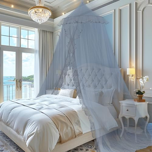 SESAMIS Baldachin Kinderzimmer, Betthimmel Babybett Kinderzimmer 4 Farben, Mit Spitzenbesatz, Hängende Rund Princess Insektennetz Moskitonetz, Für Kinderzimmer und Spielzimmer Dekoration (Grau)