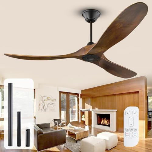 OUENGK Ventilador De Techo De Madera Sin Luz Para Exteriores De 132 Cm, Ventilador De Techo RúStico Sin Luz De 132 Cm Con Mando A Distancia, Ventilador De Nogal De 3 Aspas Para SalóN, Cenador, Porch