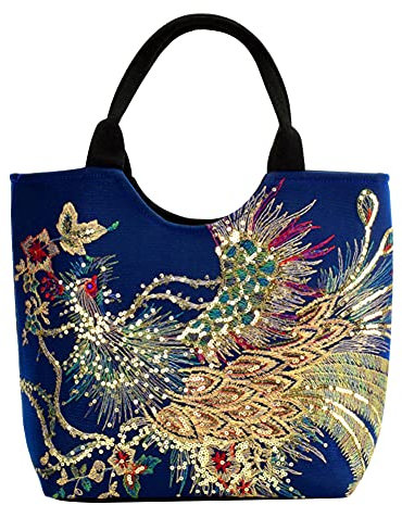 JUCHRZEY Mode Frauen Schulter Tasche Pfau Stickerei Leinwand Umhängetasche Casual Damen Perlen Anhänger Große Kapazität Handtaschen