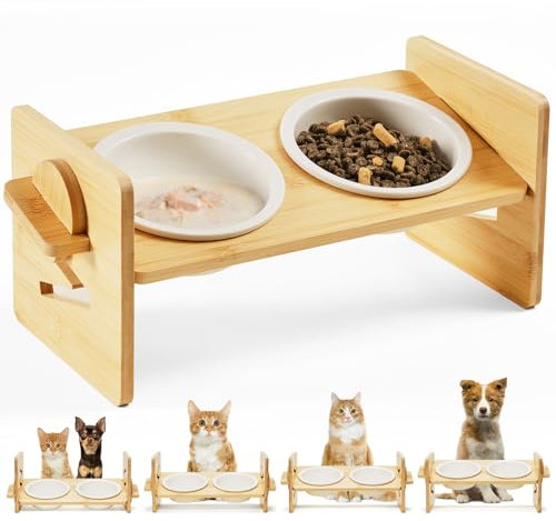 Smartoo Cat Food Bowl Ceramic Elevated Cat Bowls 15° Raised Cat Bowl for Indoor Cats & Small Dogs Natural Bamboo Whisker Fatigue Cat Bowl, Anti Vomitting Cat Food and Water Bowl Set, Dishwasher Safe