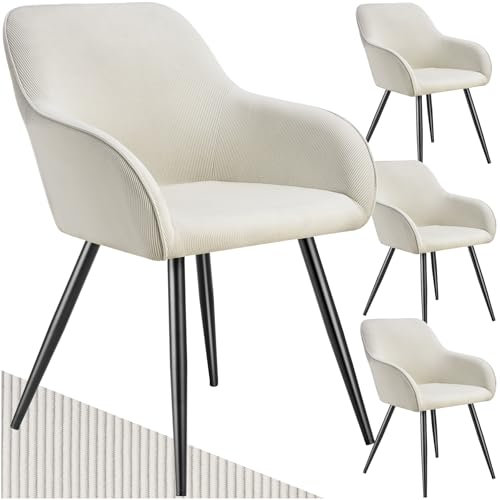 tectake® 4X Esszimmerstuhl, Sessel bequem mit Armlehne, Polsterstuhl, Cord Cocktailsessel, Loungesessel für Wohnzimmer, Esszimmer, Moderne Küchenstühle, Bürostuhl - Creme/schwarz