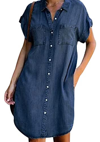 Robe chemise en jean à manches courtes pour femme - Robe en jean effet vieilli - Tunique décontractée boutonnée, bleu marine, 42/44