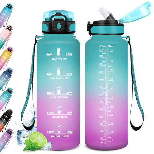 Grande Gourde 1.5L, Gourde Marqueur de Temps, Bouteille d'eau Sport Étanche, Bouteille Reutilisable, Gourde Sport avec Paille, Bouteille d'eau pour Sport, Adulte,Gym, Voyage, Camping, Randonnée