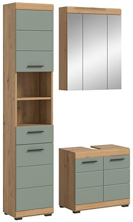 furnling Badmöbel-Set Scott, Badezimmer-Set 3-teilig, Spiegelschrank, Waschbeckenunterschrank, Hochschrank, Badschränke, Salbei/Artisan Eiche