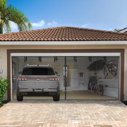 BiirBlue Puerta mosquitera de garaje de 16 x 8 pies, 2 coches, malla de fibra de vidrio resistente, puerta mosquitera retráctil manos libres con 38 imanes para garaje, patio, gimnasio, porche, 192 x