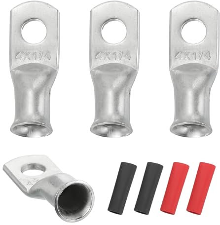 sourcing map 4pcs 4 AWG M6 Battery Lugs Ring Terminals, 1/4 6mm Stud Crimp Wire Terminal Connector End Copper, 3:1 Heat Shrink Tubing, Silver