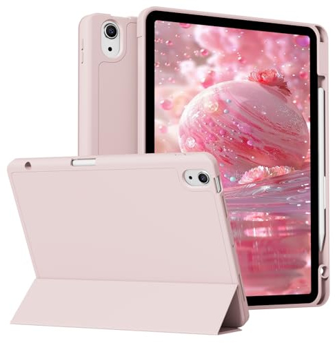 SQQSOOZ Coque pour iPad Air 11 Pouces M4/M3/M2 & iPad Air 5e/4e Gén 10.9 | avec Porte-Stylet, Étui Mince Tablette avec Dos en TPU Souple, Veille/Réveil Automatique, Rose
