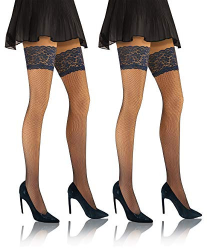 Sesto Senso 2 pares Medias Rejilla Autoadhesivas Encaje Lencería Sexy Mujer 1/2 XS-S Azul Oscuro