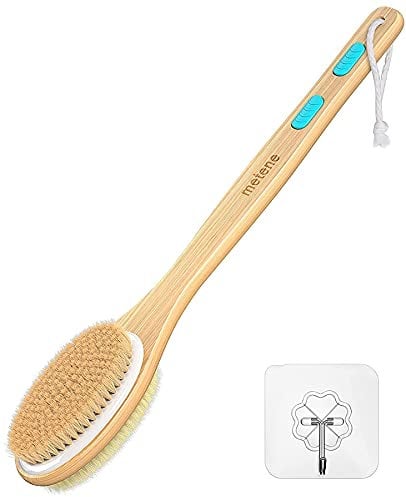 Metene Back Scrubber for Shower, Shower Brush for Exfoliating Skin and A Soft Scrub, Double-sided Body Brush Head for Wet or Dry Brushing, Long Wooden Handle Cleans the Body Easily