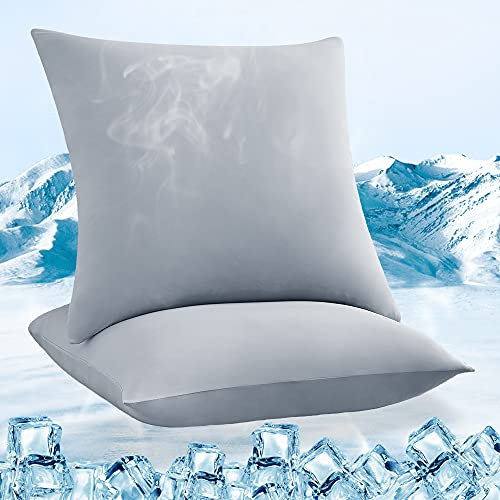 Luxear kühlender Kissenbezug 2er Set, Kopfkissenbezug elastisch mit Arc-Chill Kühlfasern atmungsaktiv, seidige Kissenbezüge mit Reißverschluss, Haare/Haut schonende Kissenhülle, 80x80cm-Grau