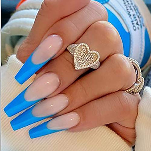 Brishow Cercueil Faux Ongles Longs Faux Ongles Ballerine Acrylique Presse sur les Ongles Décorations de Noël Stick on Nails 24pcs pour Femmes et Filles （Bleu & Blanc）