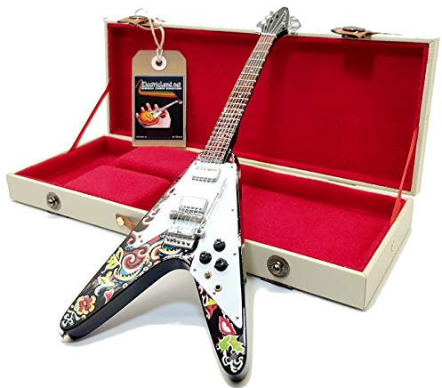 Mini Guitar Flying V JIMI HENDRIX Psychedelic Tribute Model + Hard Case Box Miniaturen im Maßstab 1:4 Miniaturgitarre mit Sammeletui Musik Gadget Rock