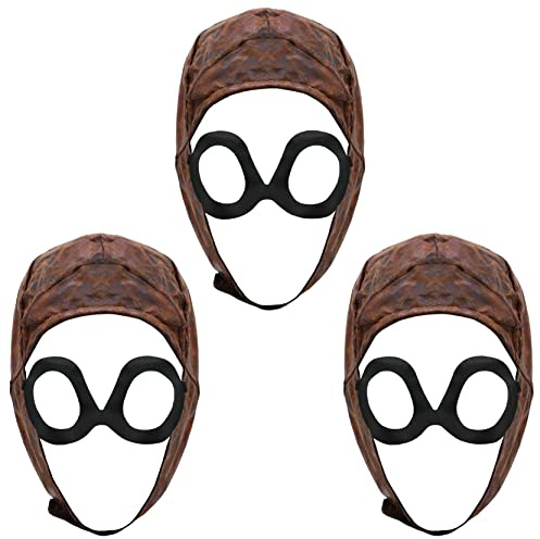 Fliegermütze für Erwachsene, VE Day, braun, 1940er-Jahre, Lederoptik, Fliegermütze mit befestigter Brille, Pilotenkostüm-Zubehör, 3 Stück