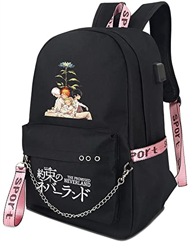 Roffatide Anime The Promised Neverland Emma Norman Ray Rucksack Büchertasche Laptop Schultasche mit USB-Ladeanschluss und Kopfhöreranschluss