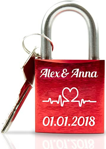 Liebesschloss mit Gravur - Valentinstagsgeschenk für Sie - Valentinstagstag Geschenk - Liebesschloss mit Gravur und Schlüssel - rot Motiv Herz Herzschlag