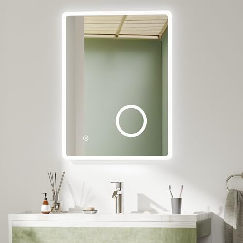 S'AFIELINA Bathroom Mirror with LED Lights 50 x 70 cm, Illuminated Backlit Wall Mounted Bathroom Mirrors with Shaver Socket and Demister Pad, 3X Magnifier, Vertical