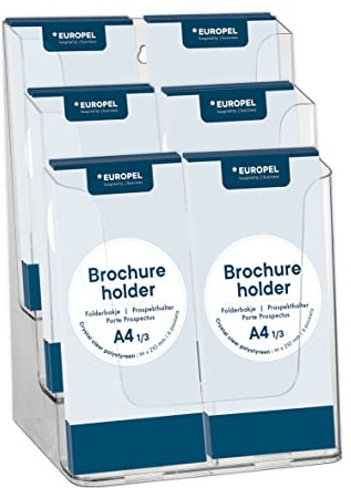 Europel Prospekhalter mehrfach, aus glasklarem, recyclebarem Polystyrol, Format 1/3 A4, 6 Fächer, auch zur Wandmontage geignet, Außenmaße 232x320x150 mm, Fülltiefe pro Fach 35mm