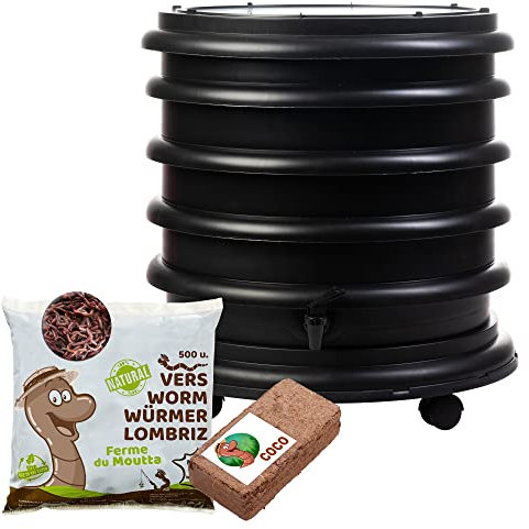 WormBox | Wurmkomposter Wurmfarm Wurmkiste mit 3 Schalen Schwarz + 250g Kompostwürmer / 500 STK + 1 Coco | 48 Liter | Regenwurmkomposter, Kompostwürmer produzieren Wurmhumus