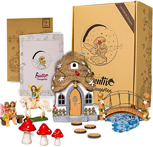 Kit de jardin féérique en résine phosphorescent - Maison de fée de 18 cm avec porte rabattable et lumière LED solaire - Pierres lumineuses - Fée avec licorne - Décoration de jardin pour l'extérieur et