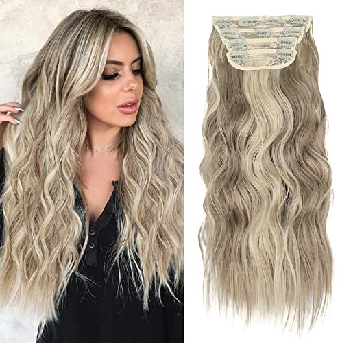 Clip in Extensions Blond Haarverlängerung Günstig Clips Haarteil Extensions für Damen Lang Wavy Synthetisches wie Echthaar 4 Teile Set Natürliche Ashblond mit Blond 077W