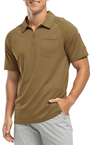 Rdruko Mens 1/4 Zip Short Sleeve Polo with Chest Pocket, Brown S