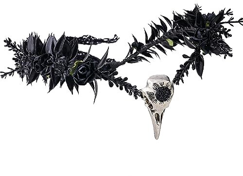 MOSTORY Handgemachte schwarze Blumenkrone - Gothic Einstellbare Rabenschädel Tiara Hexe Stirnband Dunkle Fee Kopfbedeckung mit Strass für Zauberer Halloween Cosplay Karneval Hochzeit Cosplay Karneval
