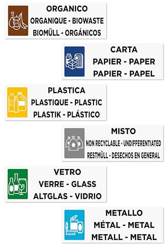 6 Aufkleber für mehrsprachige Mülltrennung | Etiketten für Abfallbehälter in Italienisch-Englisch-Deutsch-Französisch-Spanisch | Format 15 x 5 cm