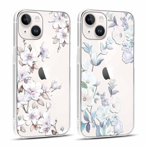 Yoedge 2 Stück Handyhülle für iPhone 14 / iPhone 13 Hülle, Transparent Blumen Muster Mädchen Aesthetic Motiv Handyhülle, Weich Silikon Stoßfest Kratzfestes Durchsichtig Schutzhülle für iPhone 13 6,1