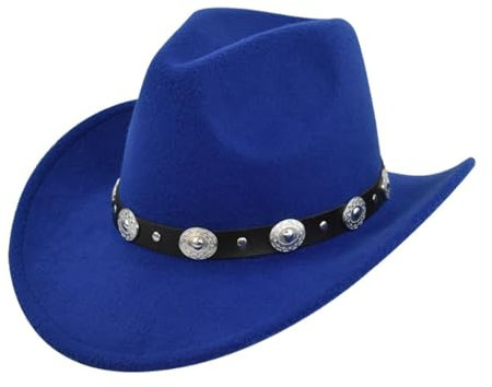 HIQIU Vintage Classisch Cowboyhut Damen Herren,Westernhut Filzhut breite Krempe Gürtelschnalle Dekor Panama Fedora Hut (blau)