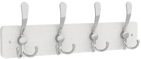 YMYNY Garderobenhaken, Garderobenleiste, Wandgarderobe mit 4 Dreifachhaken in Silber, Holz, 42cm, Wandmontage für Mäntel, Jacken, Hüte, Taschen, für Flur, Garderoben, Weiß HWS005W