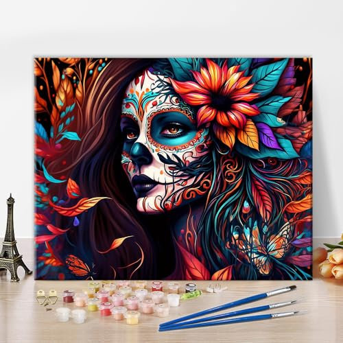 Crâne Fille DIY Peinture par Numéros Adulte Jour des Morts Peinture Acrylique par Numéros Kits avec Pinceaux Toile Cadeaux Fleurs Artisanat pour la Maison 40x50cm(Framed)