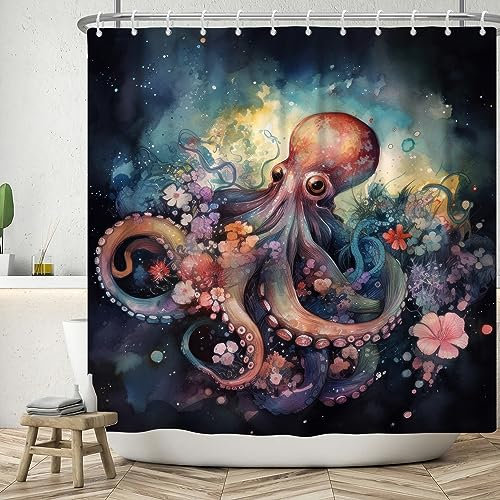 ASDCXZ Krake Duschvorhang 180x180 cm, Kunst Aquarell Niedlich Krake Rose Bunt Blumen Bad Waschbar Duschvorhänge Polyester Textil Wasserdicht Badevorhang für Badewanne mit 12 Haken