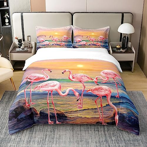 richhome 100% Baumwolle Flamingo Bettbezug, Sommer Hawaii Seaside Sonnenuntergang Tröster Abdeckung Al Season, Strand Landschaft Bettwäsche Set 1 Kissenbezug 135x200