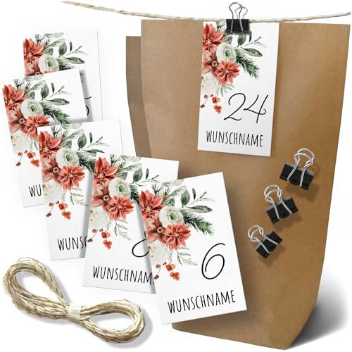 Großes Adventskalender Set PERSONALISIERT mit Wunschname - mit je 24 Tüten, Zahlen-Karten, Klammern und 5m Kordelband - Romantisch für Erwachsene und Kinder Weihnachtskalender Weihnachten