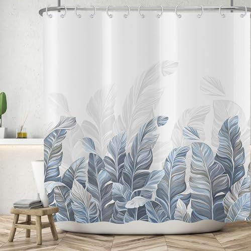ASDCXZ Rideau de Douche Feuilles 180x200 cm, Printemps Simplicité Bleu Gris Feuilles Tropicales Blanc Lavables Textile Rideau de Bain imperméable pour Baignoire avec 12 Crochets