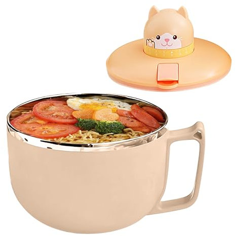 Tuzsocr Ramen Bol avec couvercle - Grand bol à nouilles instantanées - 1200 ml - En acier inoxydable 304 - pour pâtes, bento, déjeuner (Chat)