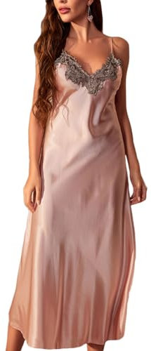 Onsoyours Nuisette Femme Jupon Sexy Sensuelle Chemise De Nuit sous Robe Longue Col en V sans Manche Dentelle À Chemise De Nuit Bretelles Maxi Robe B Rose S