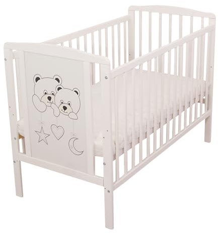Bello24 - Lettino Due Orsi Ecologico e realizzato in legno massiccio 3 altezze regolabili con tre doghe rimovibili incl. materasso 60 x 120 cm