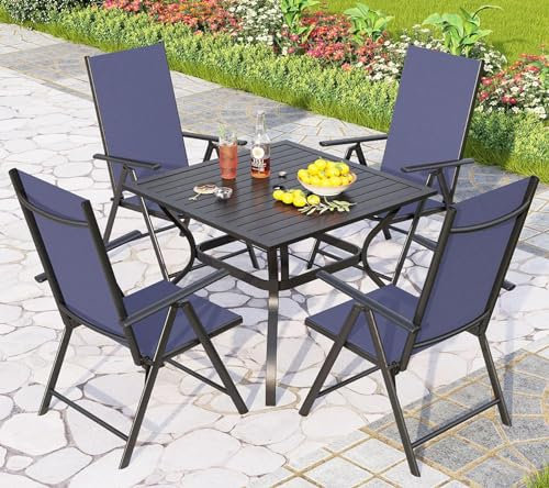 PHIVILLAGarden Table and ChairsSet Outdoor Patio Furniture, Adjustable Foldable Metal Chairs & Steel Table for Yard and Deck, Blue