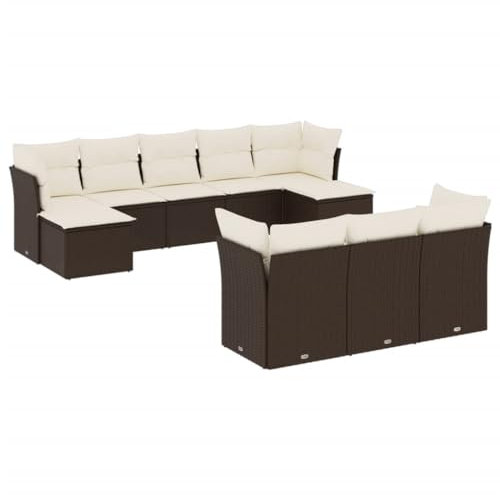 vidaXL Garten Sofagarnitur mit Kissen 10-TLG., Gartenmöbel Gartengarnitur, Sitzgruppe Sitzgarnitur, Lounge Sofa Garnitur Terrasse, Braun Poly Rattan